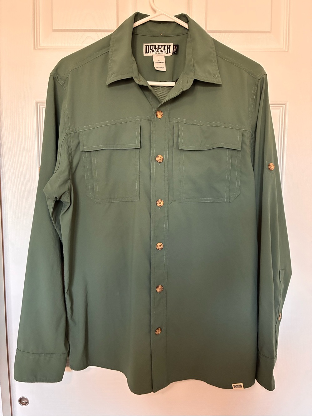 Duluth Trading Co Men's Button Up Action Shirt Long Sleeve button tab Green Sz S